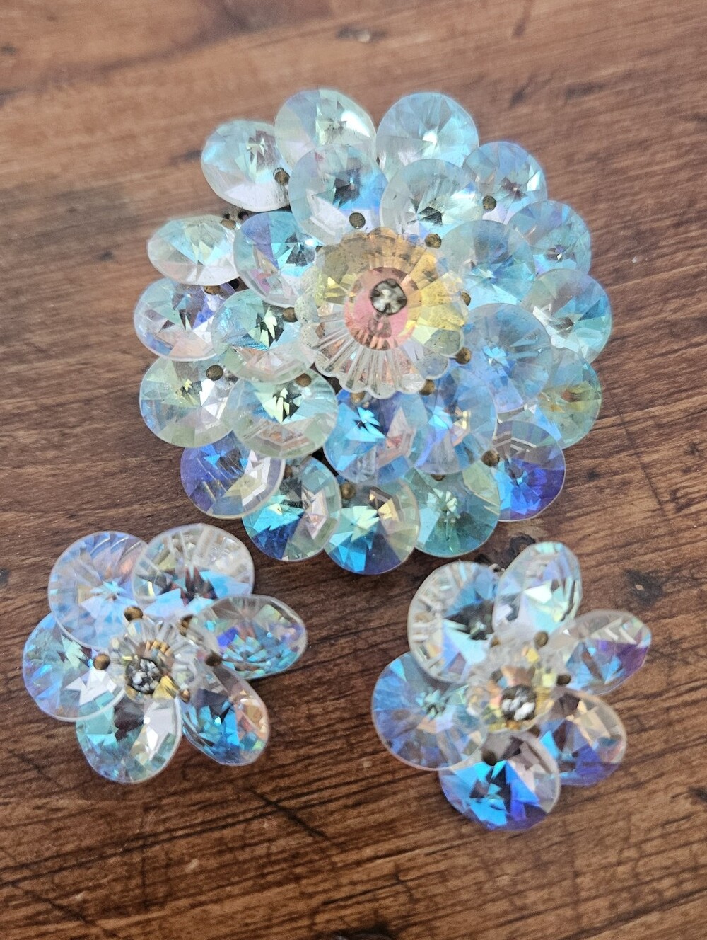 Vintage Aurora Borealis Beaded Brooch And Matching Clip Earrings Set 1950s